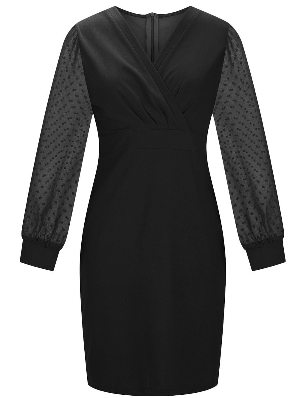 Grace Karin Black V-Neck Sheer-Dot Long Sleeve Dress